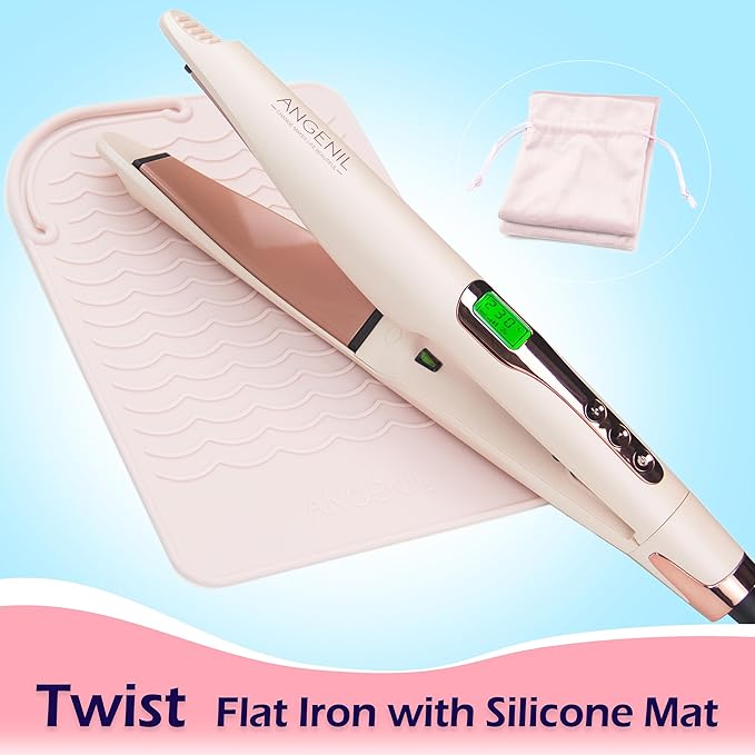 ANGENIL Pro Twist Flat Iron Hair Straightener, 2 in 1 Straightener and Curling Iron for Women, Round Pink Dual Voltage Hair Straightener with Silicone Heat Resistant Mat, 20s Fast Heating, LCD Display-Ruum Studio Home