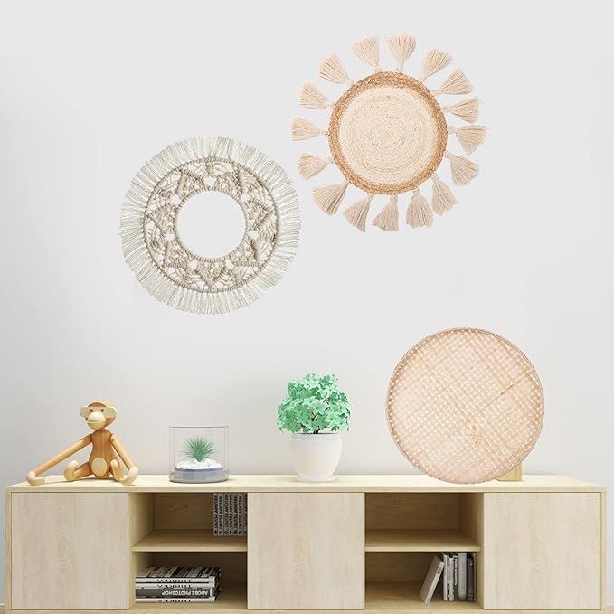 LOCS MICRAI Boho Wall Basket Decor Set of 3 - Flat Woven Basket Wall Hanging Decor,Round Tassels White Macrame Tapestry Wall Decor Art,Handmade Rattan Wicker Seagrass Home Wall Baskets Decor-Ruum Studio Home