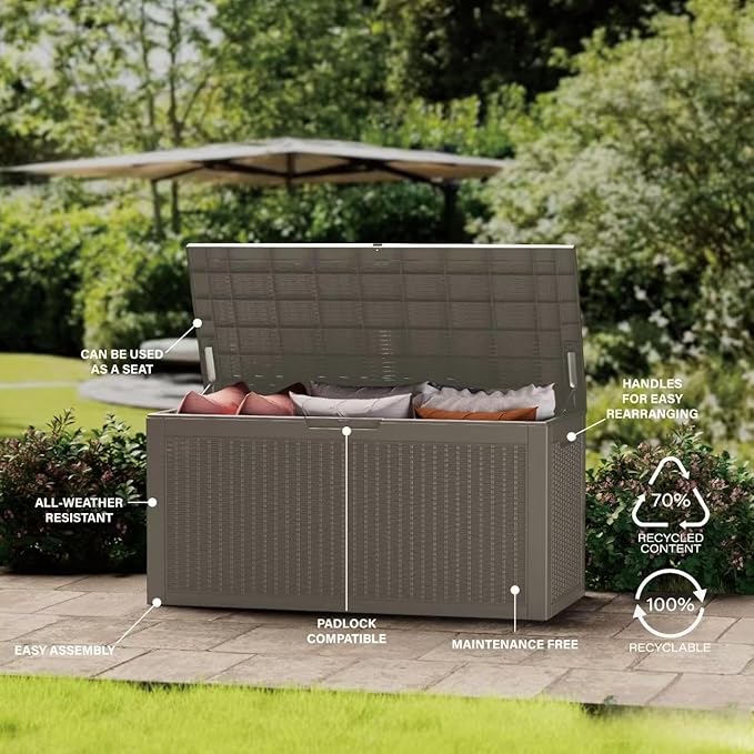320 Gallon Outdoor Storage Box Patio Deck Box Waterproof, Resin Lockable Outside Large Storage Bin for Pool Cushion Furniture, Garden Tools UV-Resistant, Grey-Ruum Studio Home