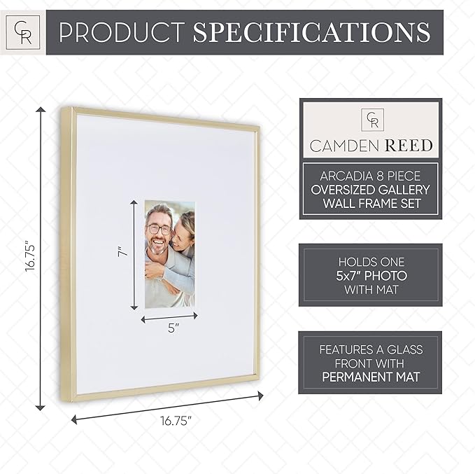 Camden Reed Arcadia 8 Piece Oversized Gallery Wall Frame, 16x20 and 16x16 Inch Matted Frames for Featuring 8x10 and 5x7 Inch Photographs or Art Prints, Gold Finish-Ruum Studio Home