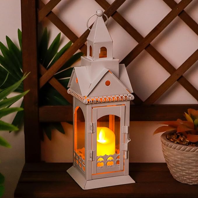 TRIROCKS Rustic Style Metal Candle Lantern 12'' High Decorative Outdoor Lantern Candle Holder with Tempered Glass House Shape for Home Living Room Garden Patio Parties Indoors Outdoors (White)-Ruum Studio Home