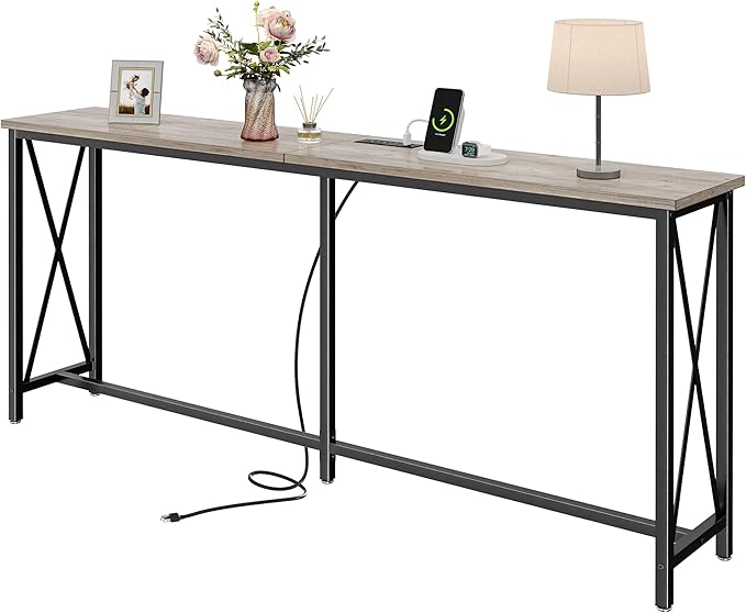 SUPERJARE 70 Inch Console Table with Outlets and USB-C Port, Extra Long Behind Couch Sofa Table with X-Shaped Design, Narrow for Entryway, Living Room, Metal Frame, Wooden Top, Grey Oak-Ruum Studio Home