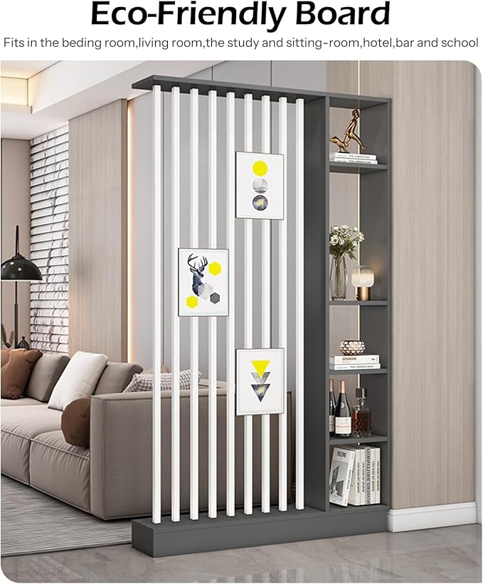 Wall Room Divider, Storage Cabinet Storage Display with Shelves, Modern Freestanding Wood Room Divider Screen, Wall Privacy Screens for Home Decorative (Grey+White,31.5" L x 9.5" W x 79.5" H)-Ruum Studio Home