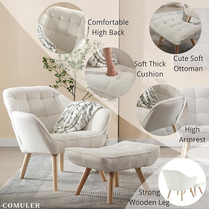 White Sherpa Accent Chair with Ottoman ，Modern Reading Chair with Ottoman Set, Comfy Fuzzy Armchair Living Room Chair Lounge Chair with Wood Legs for Small Spaces Bedroom Apartment-Ruum Studio Home
