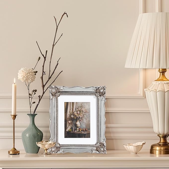 8x10 Vintage Picture Frame with Embossed Flower Design, Silver Ornate Frame for 8x10 or 5x7 Pictures with White Mat, Hand-Crafted Resin Antique Frames for Tabletop & Wall Hanging, Home Decor (Silver)-Ruum Studio Home