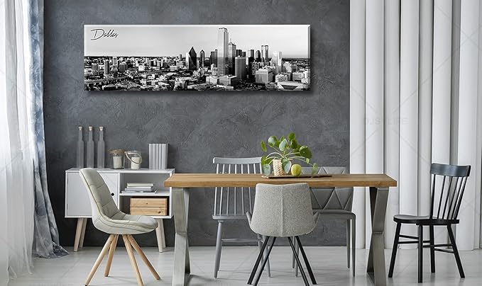 Black and White Wall Art Dallas Skyline Cityscape Skyscrapers Canvas Print Painting Landscape Texas City Buildings Pictures Modern Artwork for Man Room Office Living Room Decoration 13.8"x47.3"-Ruum Studio Home