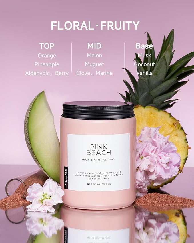 M&SENSE Pink Beach Sands Jar Candle, 19.4oz Pineapple Coconut Scented Natural Soy Candles for Home Scented, 110 Hour Burn Time, Home Decor Gift for Women, Friends, Family, Colleagues, Couples-Ruum Studio Home