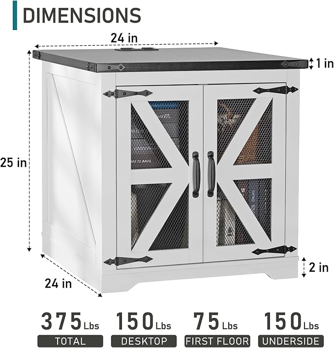 Farmhouse End Table, 24" Large Sofa Side Table with Charging Station, Mesh Barn Door, White Nightstand with Adjustable Storage Shelf, Square Nightstand for Living Room, Bedroom, Office-Ruum Studio Home