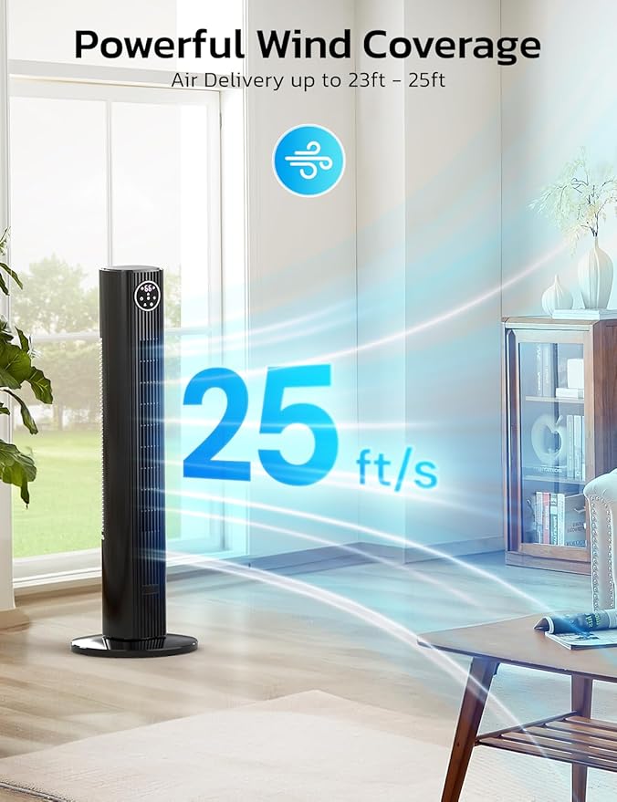 ZAFRO Tower Fan for Bedroom, 90° Oscillating Fan with 12H Timer, 37”Standing Fans with Remote, Bladeless Fan with 4 Modes & 3 Speeds, Black-Ruum Studio Home