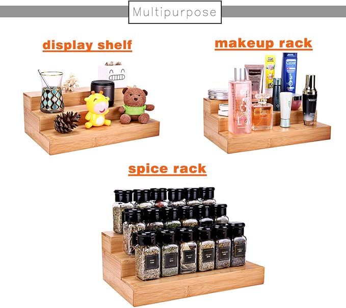 Step Spice Rack Set Cabinet Shelf Spice Holder, 3-Tier Bamboo Spice Organizers for Cabinet/Pantry/Cupboard/Countertop, Step Display Rack for Toy Suitable for Home/Office, 2 Pack Step Rack-Ruum Studio Home