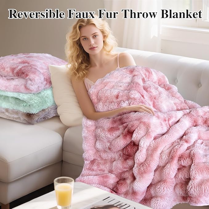 Bcareself Faux Fur Blanket Two Sided Ultra Soft Fluffy Reversible Fuzzy Throw Blanket for Women Men Double Sided Ombre Faux Luxe Faux Fur Thick Minky Blanket for Couch Bed-Ruum Studio Home