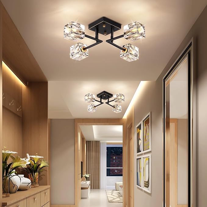 Modern Crystal Ceiling Light,Semi Flush Mount Ceiling Light Fixture with 4-Lights,Black and Gold Sputnik Chandeliers for Bedroom,Dining Room,Farmhouse Kitchen,Office,Entryway Hallway-Ruum Studio Home