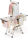 APEXCHASER Clothes Drying Rack with High Hanger, Foldable 3-Level Drying Racks with Shoe Rack, Crossbar and Vertical Rod Laundry Stand with Adjustable Wings Silver-Ruum Studio Home