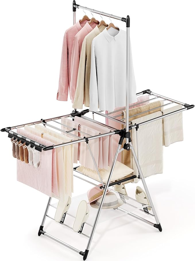APEXCHASER Clothes Drying Rack with High Hanger, Foldable 3-Level Drying Racks with Shoe Rack, Crossbar and Vertical Rod Laundry Stand with Adjustable Wings Silver-Ruum Studio Home