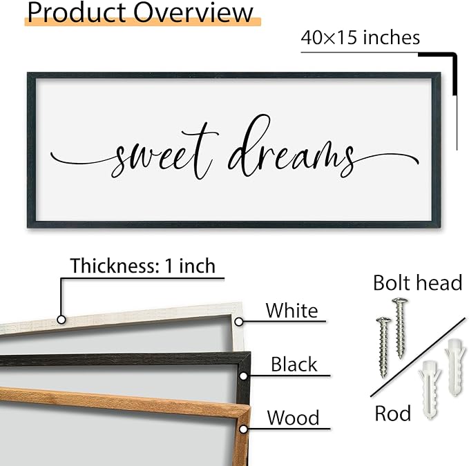 SRSZHIYUE Sweet Dreams Above Bed Wall Decor, 40"x15" Large Rustic Master Bedroom Over Bed Sign Guest Room Couples Wood Framed Farmhouse Horizontal Hanging Decoration (Black)-Ruum Studio Home