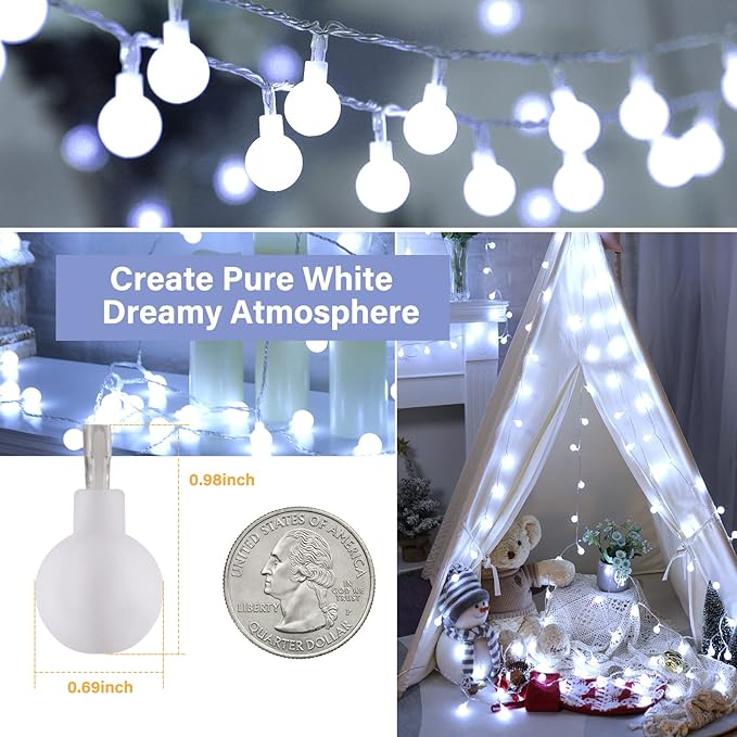 Minetom 33 Feet 100 Led Globe Ball String Lights, Fairy String Lights Plug in with Remote, Waterproof Globe String Lights for Indoor Outdoor Party Wedding Christmas Tree Garden Decoration, Pure White-Ruum Studio Home