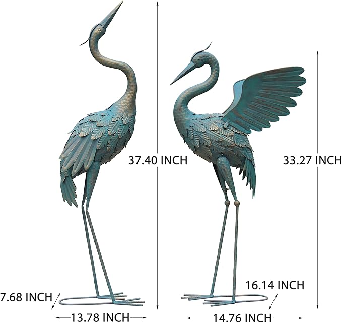 33-37 Inch Metal Crane Garden Statue Décor, Bird Garden Sculpture & Statues, Outdoor Decoration for Yard Patio Lawn Backyard Pool, Vintage Spread Wings Crane, Set of 2-Ruum Studio Home