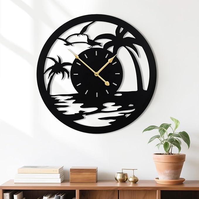 20inches/50cm Wall Clocks Palm Tree Battery Powered No Ticking Silent Round Black Modern Unique Metal Wall Clocks Suitable Living Room Kitchen Bedroom Fireplace Office Farmhouse。-Ruum Studio Home