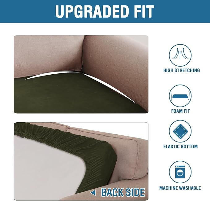 H.VERSAILTEX Velvet Stretch Individual Couch Cushion Cover Plush Cushion Slipcover for Loveseat Sofa Cushion Furniture Protector Seat Cushion Sofa Cover (1 Piece Sofa Cushion Cover, Olive)-Ruum Studio Home