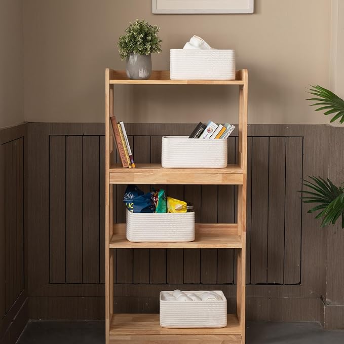 4 Pack Small Storage Shelf Baskets for Organizing, Mini Woven Rope Storage Bins for Towels, Cute Decorative Closet Organizer，Baby Nursery, Gift Empty Baskets -11.81''Lx7.87''Wx4.72''H-White-Ruum Studio Home