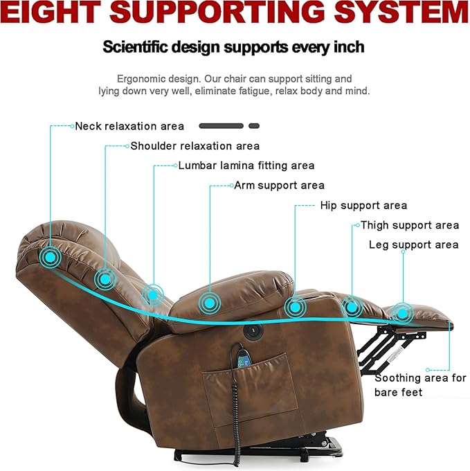 Power Lift Recliner Chair for Elderly Breathable Leather Recliner Chair with Massage and Heat for People Limited Mobility,2 Cup Holders,Electric Stand Assist,USB Ports,Gifts for Family (Ochre)-Ruum Studio Home