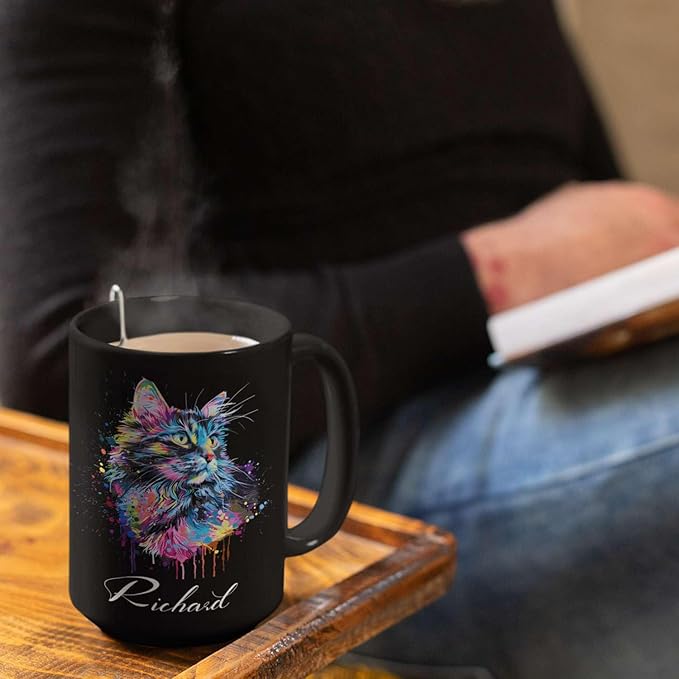 Customized Cat Ceramic Mug, Gift For Cat Pet Owner, Personalized Cat Lover Coffee Cup, Colorful Cat Design Mug For Birthday, Custom Name Cat Animal Black Cup, Unique Cat Mug 11oz 15oz-Ruum Studio Home