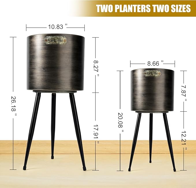 Harvest Land Plant Pots with Stand, Set of 2 Large Modern Planters Metal Tall Handmade Flower Pots with Drainage Holes Indoor Outdoor,Black-Ruum Studio Home