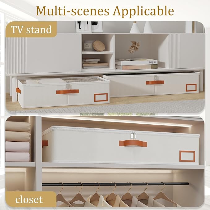 Yawinhe Under Bed Storage Containers, 4 Pack, Bin with Lids, Collapsible Closet Organizers, with Sorting Card Slot and 4 Leather Handles, for Blanket, Bedding, 31.5''Lx15.7''Wx6''H, Beige-Ruum Studio Home