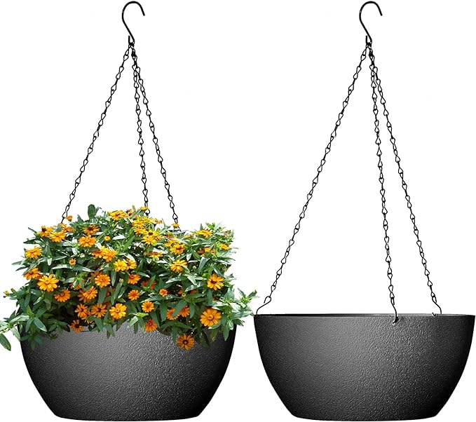 10 inch Hanging Planters for Outdoor Indoor Plants with Drainage Holes and Chain, 2 Pack Round Hanging Flower Pots for Garden Home Porch Decor, Black-Ruum Studio Home