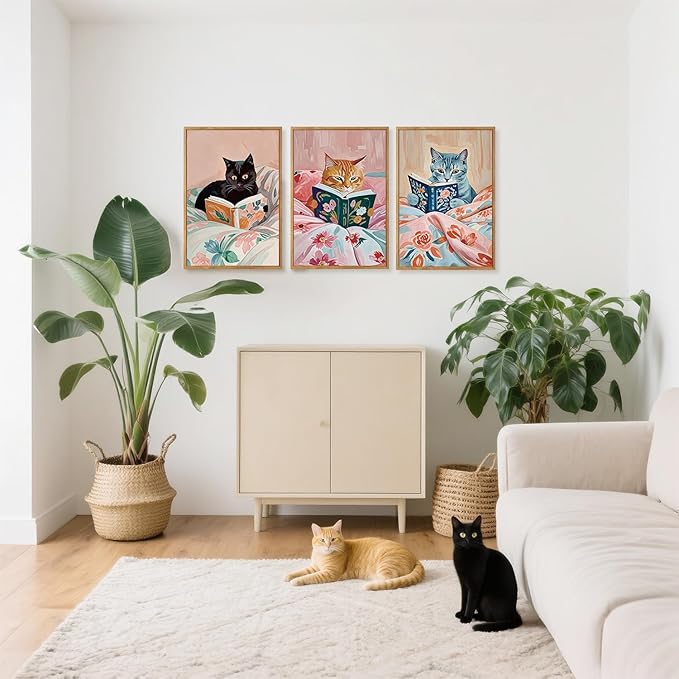 HPNIUB Framed Vintage Black Cats Canvas Wall Art, Funny Animal Reading Books Poster Printing Pictures, Pink Cute Cat Lovers Wall Decor for Girls Room Bedroom Kids Room Living Room Classroom- 16 x24 x3-Ruum Studio Home