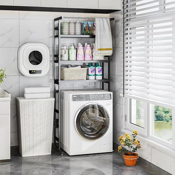 Dryer Storage Shel andf Over The Washer - Adjustable 4-Tier Heavy Duty Laundry Room Organizer, All Carbon Steel Standing Shelf with Hanging Rod, Anti-Tip Design, Super Stable 29.93" L x 11" D x 73" H-Ruum Studio Home