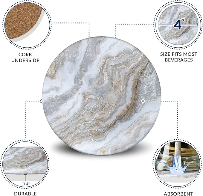 Emerson Coasters for Drinks Absorbent – Natural Stone Drink Coasters Set with Holder, Coasters for Coffee Table, Wooden Tabletop Protection Marble Style – 100% Heavy Duty Set of 6 (Sky)-Ruum Studio Home
