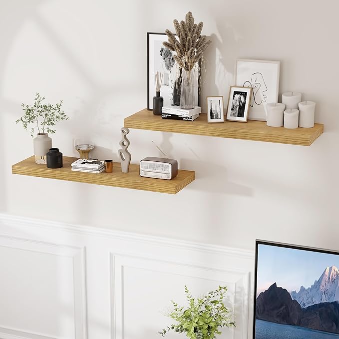 Fun Memories Rustic Wood Floating Shelves for Wall, 36 x 9 Wall Shelves Set of 2, Deep Floating Shelf for Kitchen, Living Room Storage & Display, Rustic Deep Bookshelf, Oak Color-Ruum Studio Home