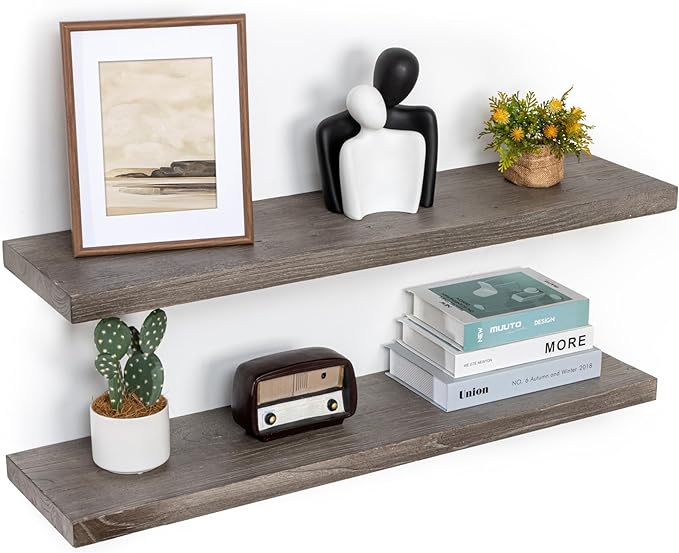 Fun Memories Floating Shelves for Wall, 36"x9.3" Rustic Solid Elm Wood Shelves, Heavy-Duty Wall Mounted Shelves with Invisible Brackets, Set of 2 for Living Room, Bedroom, Kitchen, Grey Finish-Ruum Studio Home