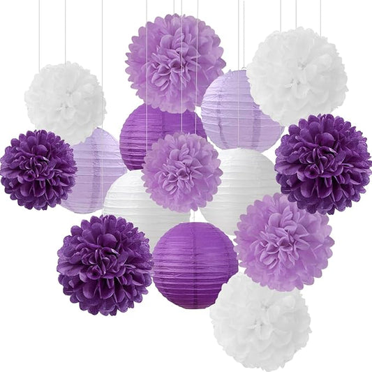 Purple-White Lavender Party Decorations Paper Flowers Lanterns - 15PCS Birthday Graduation Tissue Pom Poms Streamers, Baby Bridal Shower Wedding Retirement Bachelorette Hanging Supplies Decor Hugfond-Ruum Studio Home
