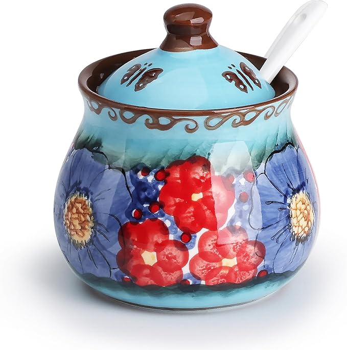 silesia Handmade Sugar Bowl with Lid and Spoon, 9 Ounce Ceramic Hand-Painted Sugar Jar for Home in Gift Box, Kitchen Decor, Oven, Dishwasher & Microwave Safe, Glazed Blue-Ruum Studio Home