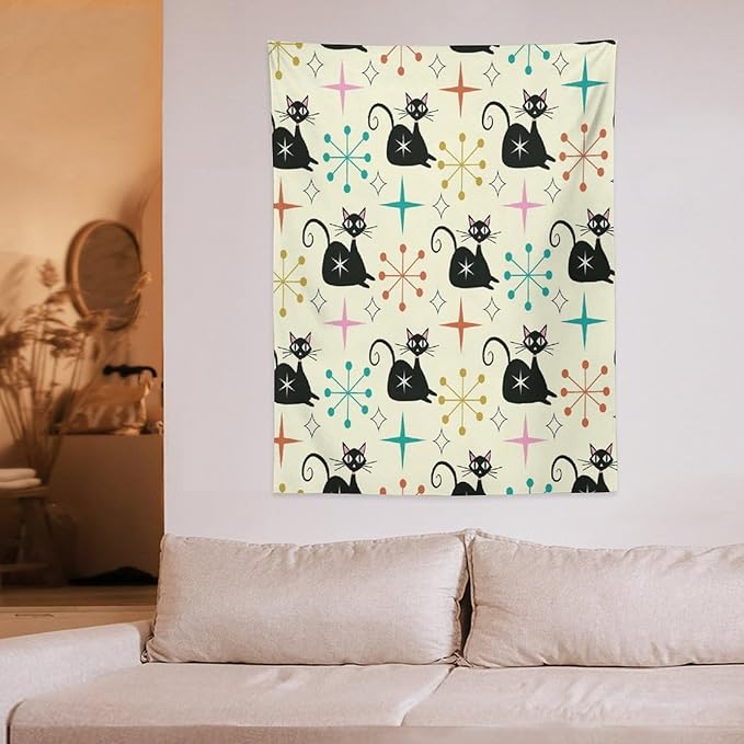 ICMOLYYENLO Abstract Cat Tapestry, Medieval Abstract Atomic Star Cat Vintage Home Wall Hanging Art Tapestry for Bedroom Living Room Dormitory 60x80 Inch-Ruum Studio Home