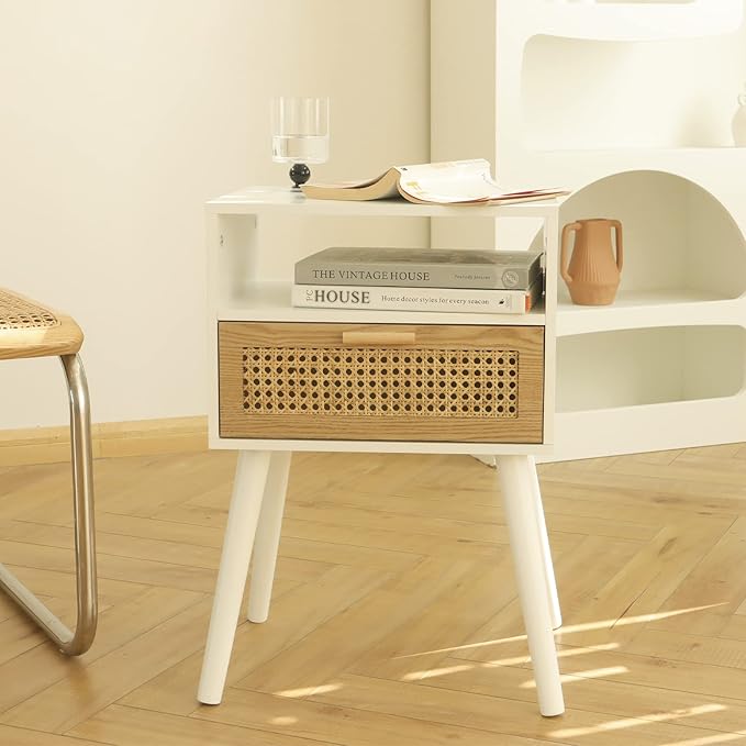 MaxSmeo White Nightstand with Drawer, Mid Century Modern Nightstand, Rattan Side Table, End Table with Storage for Living Room, Bedroom and Small Spaces, Easy Assembly (White)-Ruum Studio Home