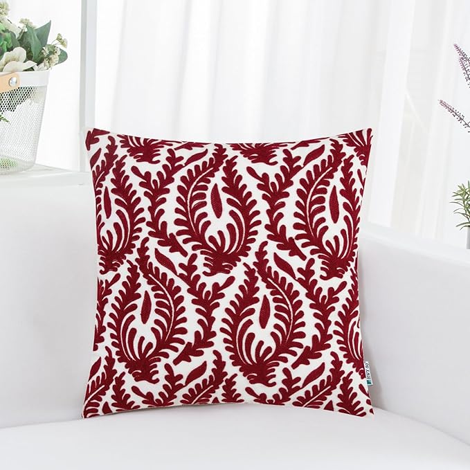HWY 50 Burgundy Red Decorative Throw Pillow Covers 18x18 Inch (1 Piece), Embroidered Cotton Farmhouse Cushion Cover Pillow Case for Sofa Couch Living Room Bed Bedroon, Floral Branches-Ruum Studio Home