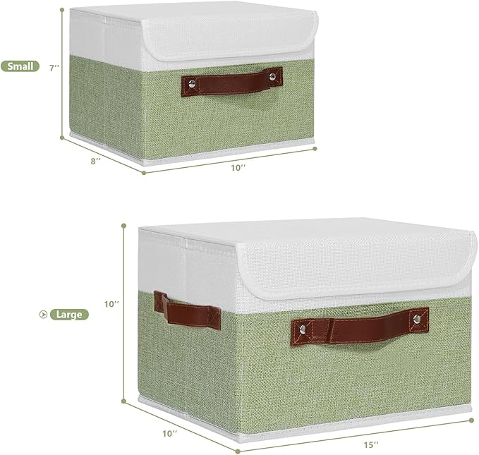 ANMINY Storage Boxes with Lids Washable Decorative Storage Bins Basket with PU Leather Handle Foldable Linen Fabric Storage Cubes Containers for Home Closet Organizer - Green White, Large Size-Ruum Studio Home