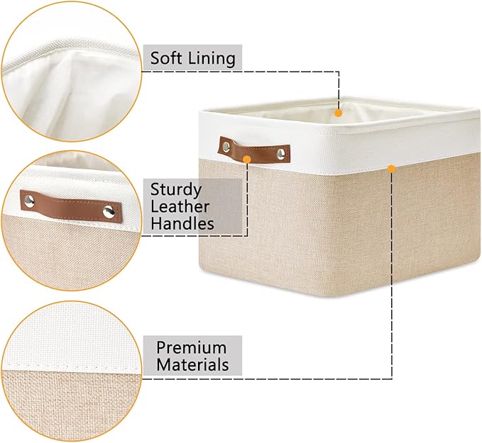 DULLEMELO Fabric Storage Bins for Laundry, Home, Foldable Storage Baskets for Shelves, Toys, Collapsible Storage Bins for Office, Closet,Bedroom(White&Khaki,15"x11"x9.5",4-Pack)-Ruum Studio Home
