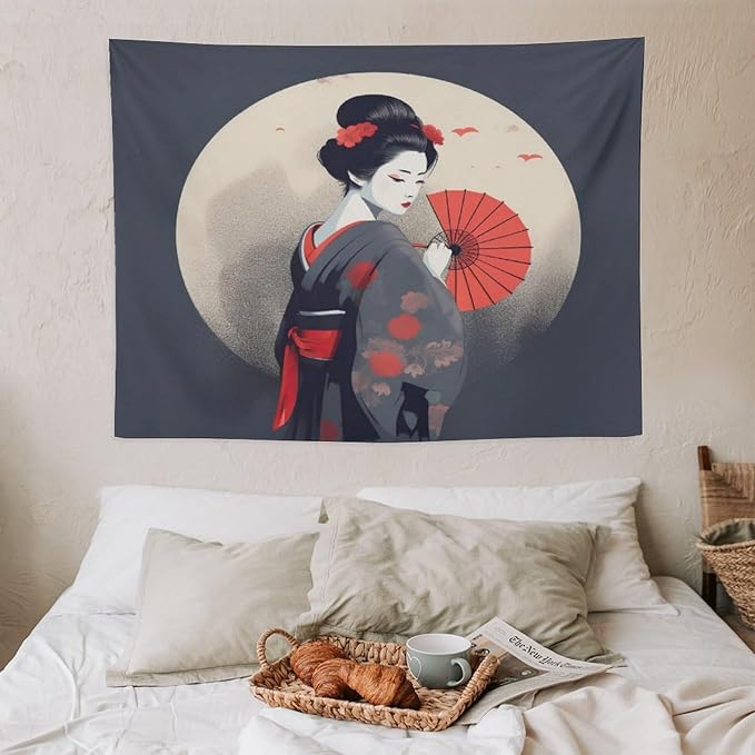 Japanese Woman Geisha Tapestry Asian Red Cherry Blossom Red Sun Traditional Kimono Folk Tapestries Home Decor for Living Room Bedroom Apartment Farmhouse Dorm 40"x30"-Ruum Studio Home
