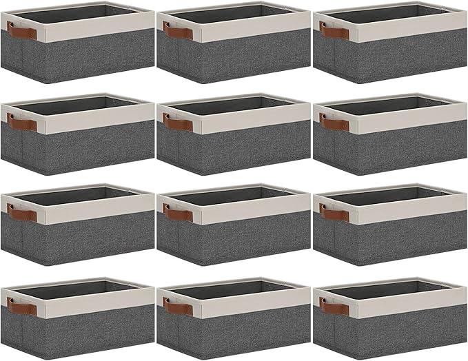 GhvyenntteS Small Fabric Storage Bins 12 Pack, Storage Basket with Leather Handles, Closet Storage Bins for Shelves, Storage Baskets for Shelves, Home, Office (Grey/White, 11.8" x 7.87" x 5.11")-Ruum Studio Home