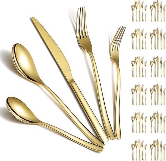 Berglander Gold Silverware Set 60pcs Service for 12, Golden Titanium Plating Stainless Steel Flatware Set, Gold Spoons Forks Knives Set for Home, Wedding, Restaurant, Hotel, Dishwasher Safe-Ruum Studio Home
