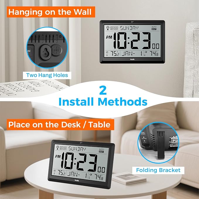 Wall Clock Atomic with Indoor Outdoor Temperature Battery Powered, Easy Reading with 10.5 Inch Large LCD Display, 330FT Range Table Wall Clock with DST, 12/24 Hour for Living Room Kitchen (Black)-Ruum Studio Home