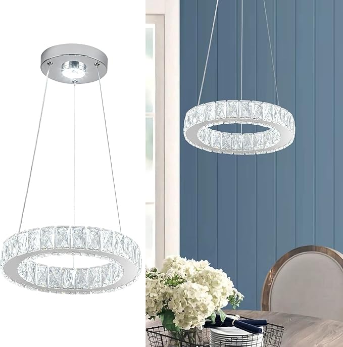 11.8" Crystal Chandelier LED Round Flush Mount Ceiling Light Fixture Modern Hanging Pendant Lighting Mini Ring Chandeliers for Dining Room Kitchen Island Hallway Bathroom (Cool White)-Ruum Studio Home