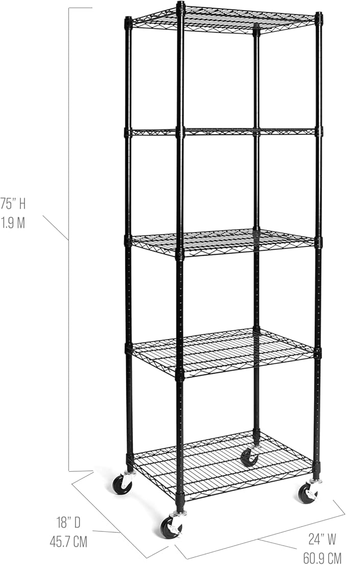 Seville Classics UltraDurable Heavy Duty NSF Solid Steel Wire Rack Storage Unit, Organizer for Garage, Warehouse, Office, Restaurant, Classroom, Kitchen, Black, 5-Tier Shelving, 24" W x 18" D-Ruum Studio Home