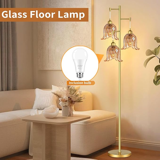 Gold Floor Lamp for Living Room,Bedroom,Tree 3 Light Standing Lamp Mid Century Modern Brass Tall Floor Lamps Vintage Retro Floor Lights Glass Flower Amber Lamp Shade Farmhouse Boho Bohemian-Ruum Studio Home