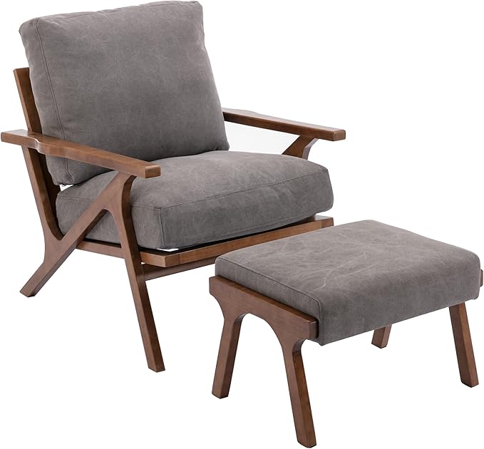Mid Century Modern Accent Chair with ottoman, Farmhouse Linen Upholstered Living Room Armchair and Ottoman Set, 23" Seat Wide Retro Leisure Lounge Chair with Wood Frame for Home, Bedroom, Office, Grey-Ruum Studio Home