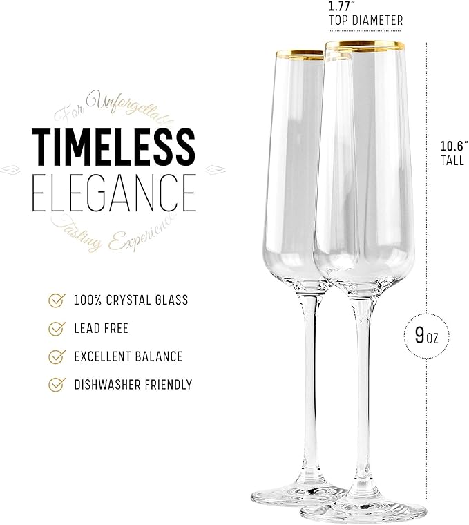 Gold Rim Champagne Gift Glasses | Set of 2 | Crystal Square Toasting Flutes for Bride and Groom, Wedding, Anniversary, Birthday | Elegant Long Stemmed Glassware for Sparkling Wine, Prosecco-Ruum Studio Home